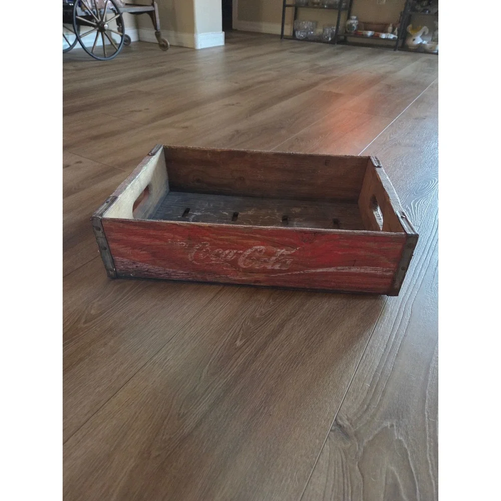 Vintage 70s Coca-Cola Wooden Soda Crate Red Rustic Metal Reinforced Storage Box
